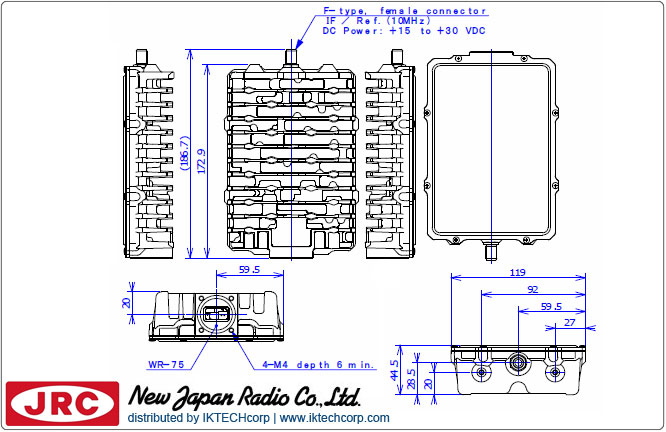 New Japan Radio NJRC NJT5116F 3W Ku-Band (Standard 14.0 to 14.5 GHz) Block Up Converter BUC F-Type Connector Input Mechanical Diagram Drawing