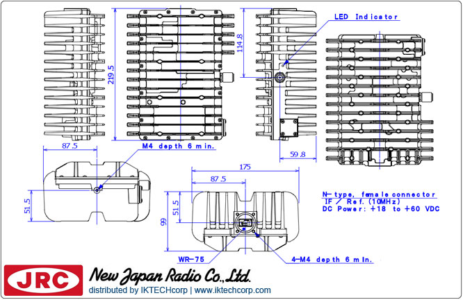 New Japan Radio NJRC NJT5118F 8W Ku-Band (Standard 14.0 to 14.5 GHz) Block Up Converter BUC F-Type Connector Input Mechanical Diagram Drawing