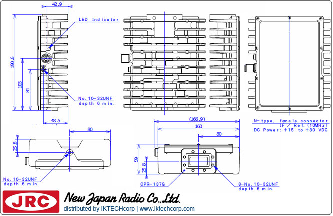 New Japan Radio NJRC NJT5668F 2W C-Band (Insat 6.725 to 7.025 GHz) Block Up Converter BUC F-Type Connector Input Mechanical Diagram Drawing