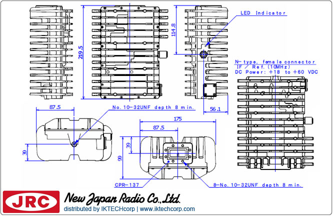 New Japan Radio NJRC NJT5762 10W C-Band (Standard 5.85 to 6.425 GHz) Block Up Converter BUC N/F-Type Connector Input Mechanical Diagram Drawing