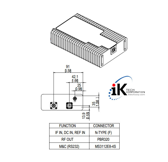 Norsat 7040STC Ka-BAND 4W NON-INVERTED Block Up Converter BUC N F Type Connector Input Series Mechanical Diagram Drawing