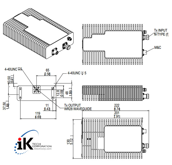 Norsat 7020STC Ka-BAND 2W NON-INVERTED Block Up Converter BUC N F Type Connector Input Series Mechanical Diagram Drawing