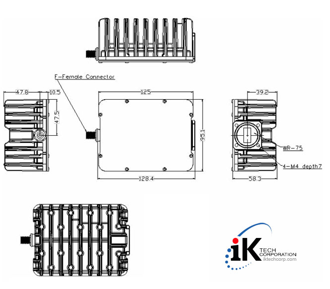 Norsat BUC-ELMTKU002-EF 2W Ku-Band (Universal 13.75 to 14.5GHz) BUC Block Up Converter F Type Input Element Series Mechanical Diagram Drawing